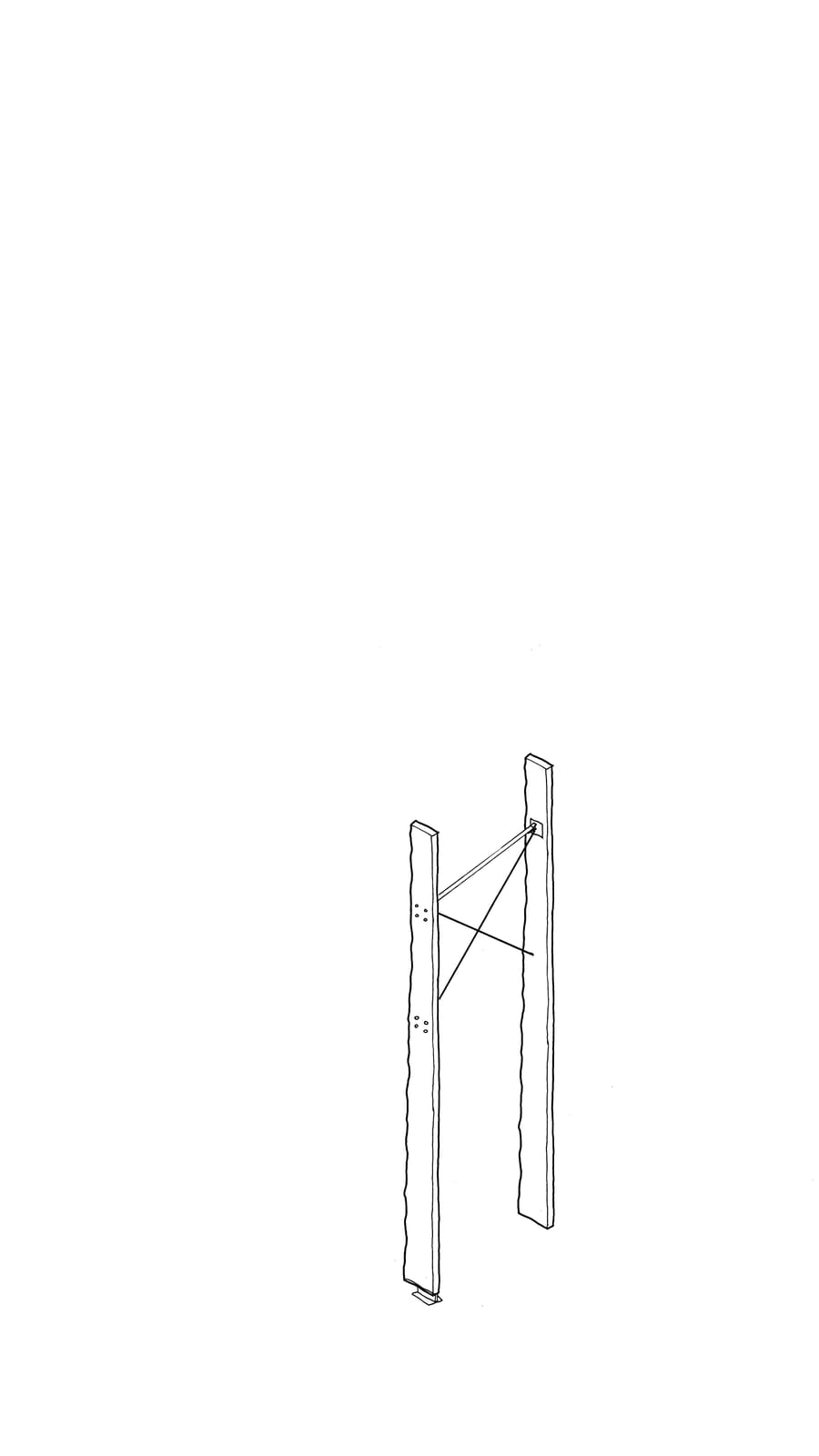 Black line sketch of 2 timber lengths with steel rods and cables connecting between them