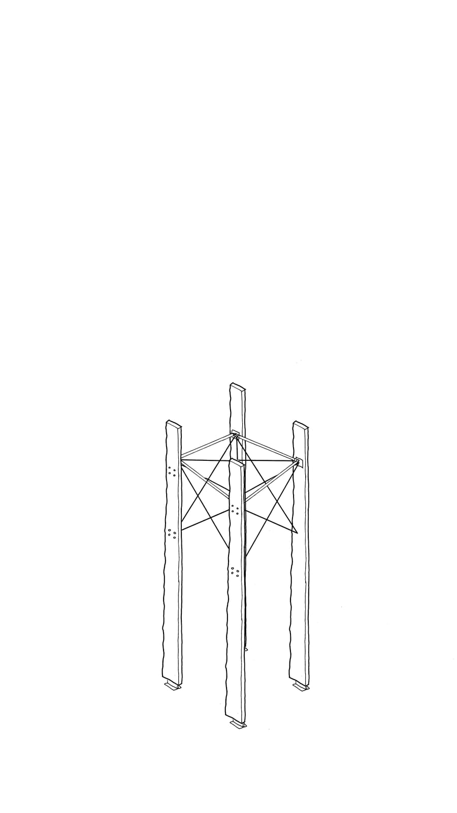 Black line sketch of 4 timber lengths stood in a square with steel rods and cables connecting between them
