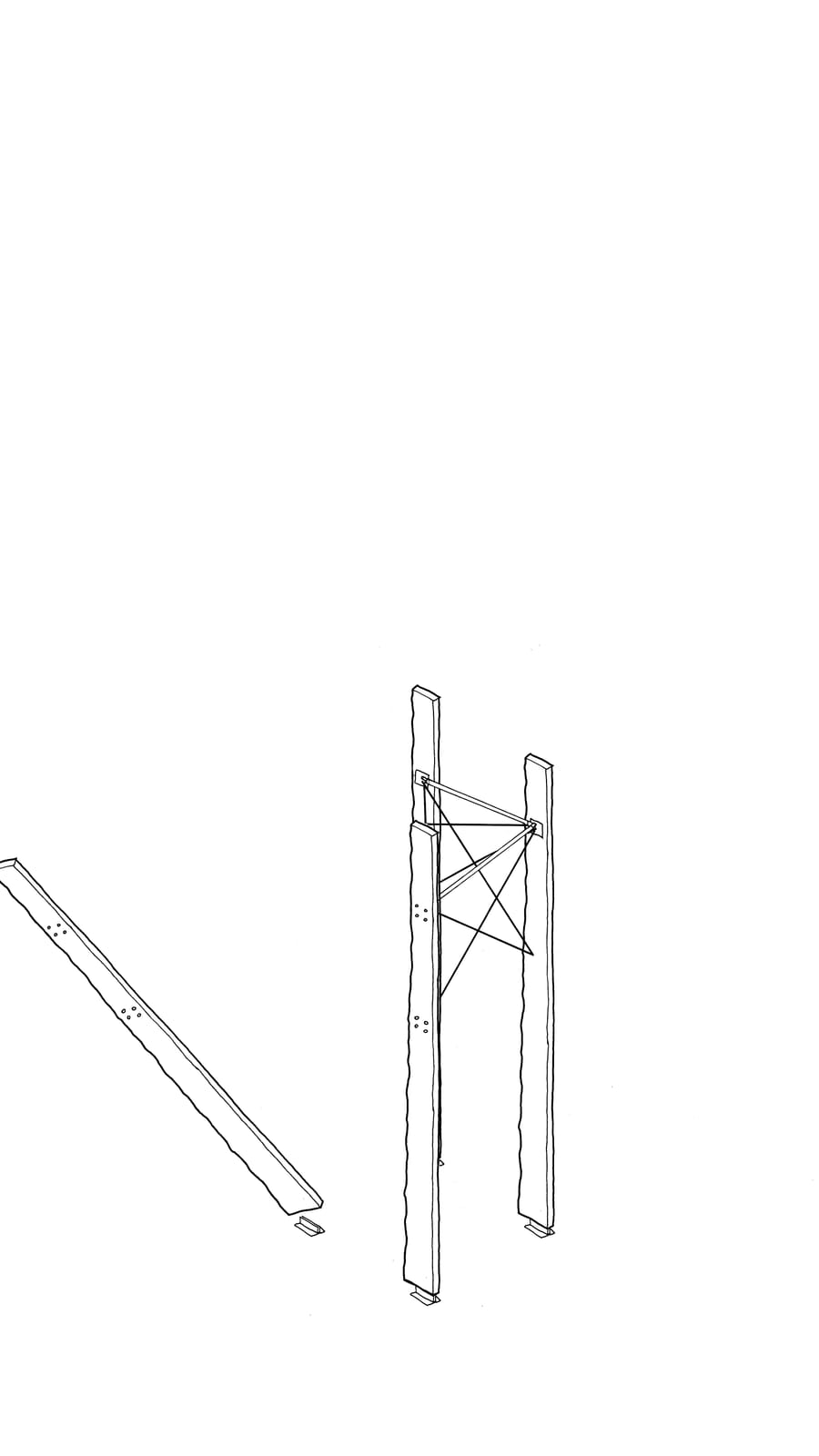 Black line sketch of 3 timber lengths stood tall with 1 being taken away